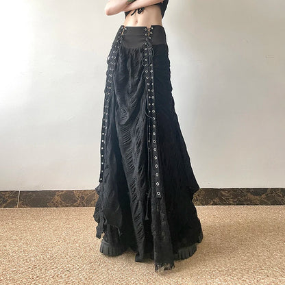 Gothic Alt Goth Grommet Lace Mesh Patchwork Long Skirt