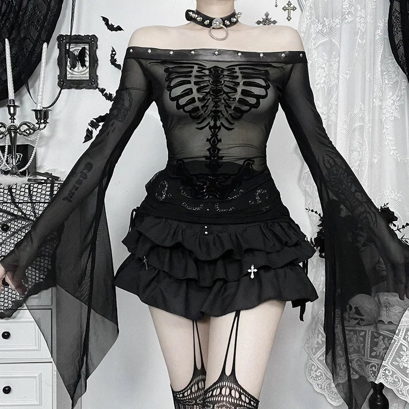 Gothic Alt Goth Off Shoulder Skeleton Print Flare Sleeve Top