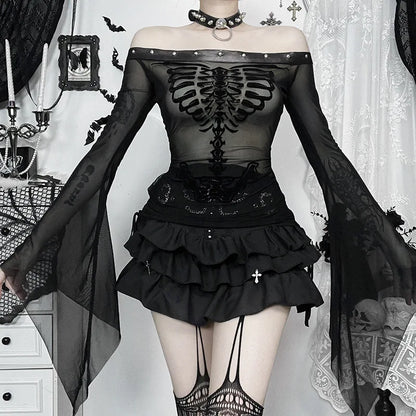 Gothic Alt Goth Off Shoulder Skeleton Print Flare Sleeve Top