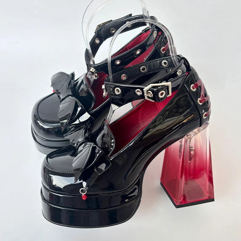 Gothic Japanese Lolita Harajuku Y2K Bow Transparent Platform High Heels Baby Doll Shoes (available in 3 colors)