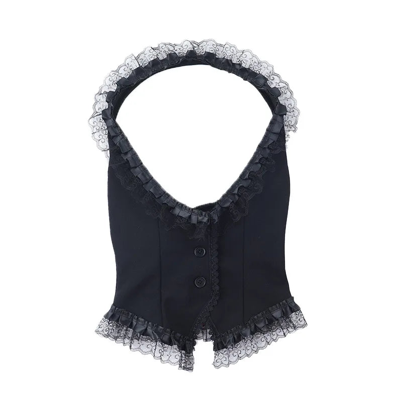 Gothic Alt Goth Halter Lace Trim Corset Waist Coat Top