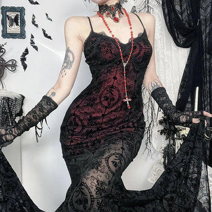 Gothic Alt Goth Dark Vintage Sheer Overlay Spaghetti Strap Dress