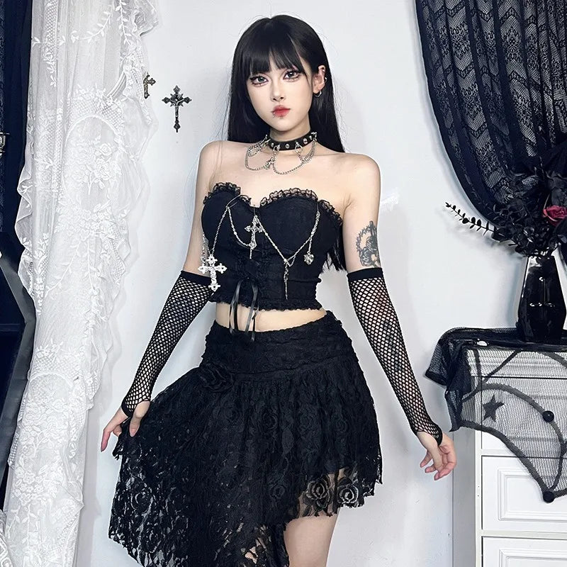 Gothic Cross Chain Lace Corset Style Top