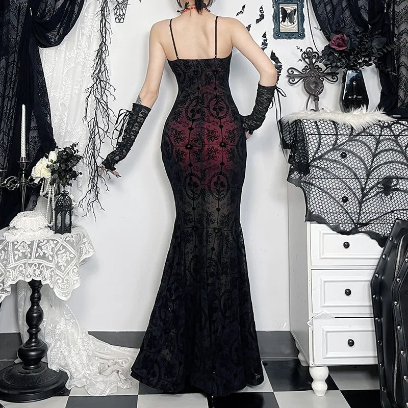 Gothic Alt Goth Dark Vintage Sheer Overlay Spaghetti Strap Dress