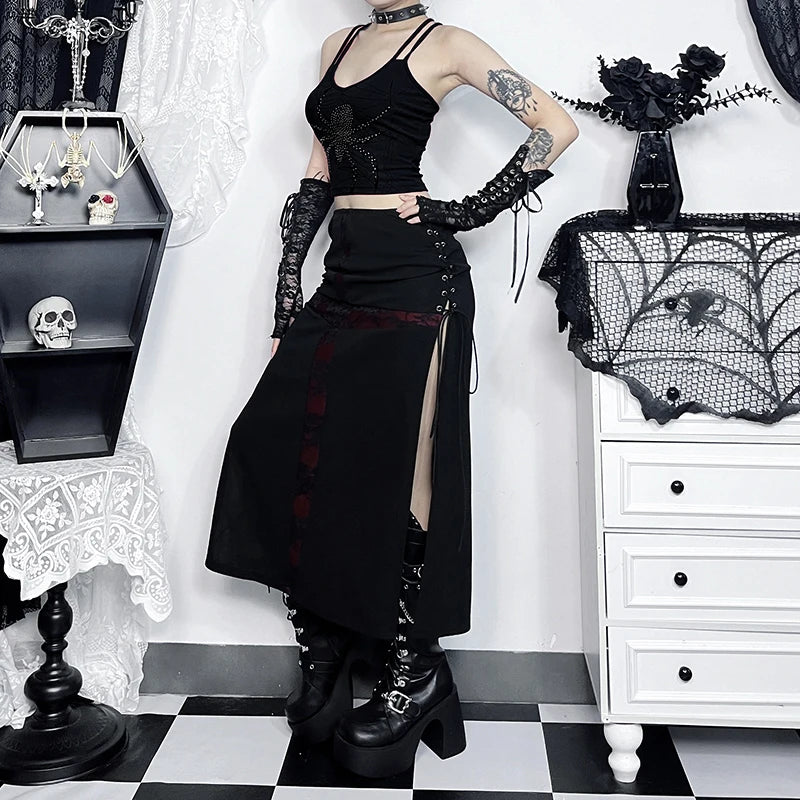 Gothic Y2K 90s Goth Cross Splicing High Slit Midi Skirt