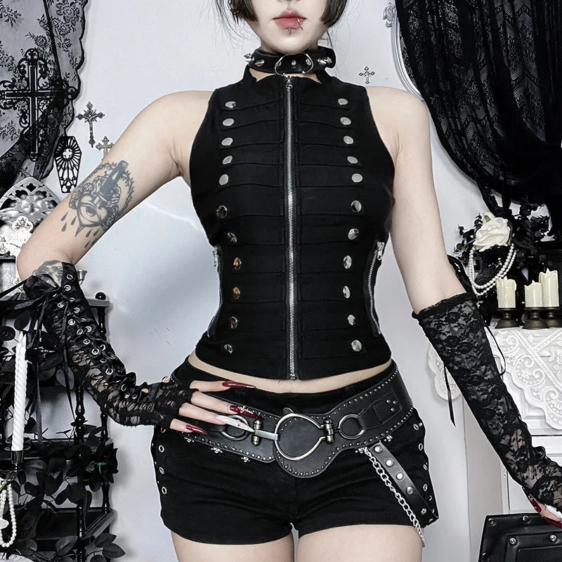 Gothic Punk Harajuku Double Button Zipper Sleeveless Top
