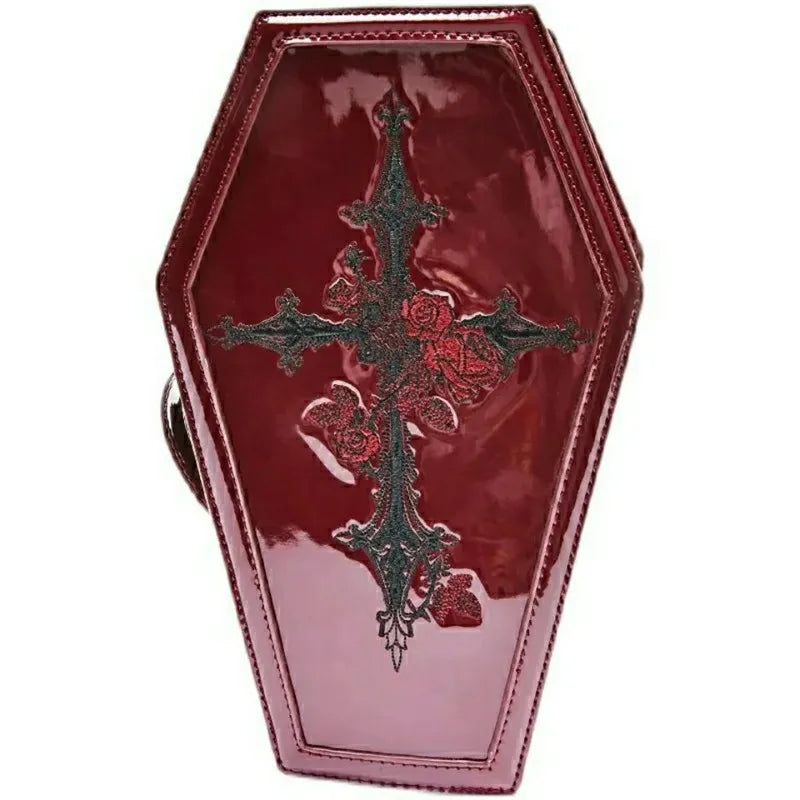 Alt Gothic Cross Rose Embroidery Red Coffin Shaped Handbag Purse