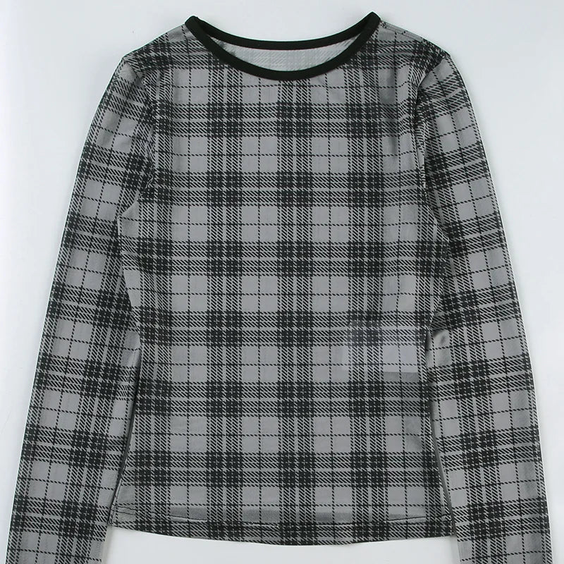 Gothic Alt Grunge Sheer Gray Black Plaid Long Sleeve Top