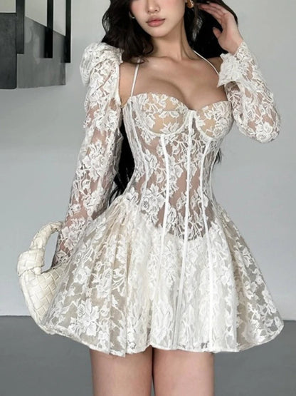 Gothic Romantic Goth Puff Sleeve Corset Waist White Lace Mini Dress