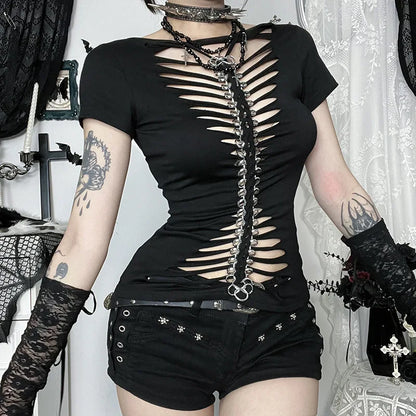 Gothic Alt Punk Goth Hollow Out Bone Chain Short Sleeve Top
