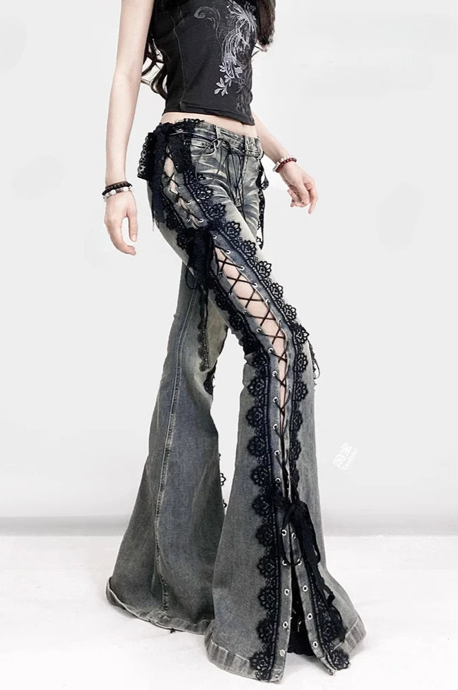 Gothic Y2K Alt Goth Eyelet Lace Up Bell Bottom Flare Jeans Pants