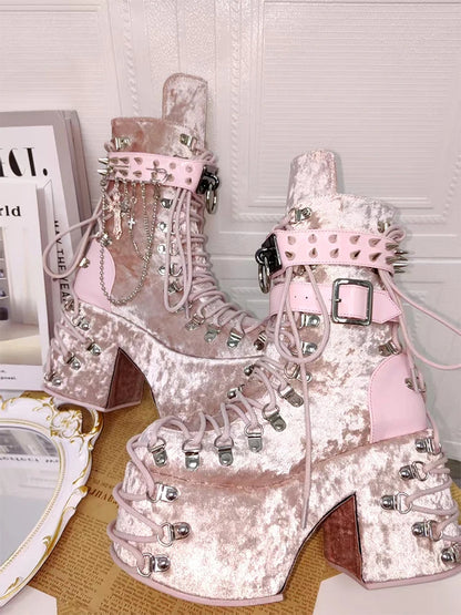 Gothic Dark Kawaii Harajuku Y2K Alt Goth Punk Lolita Laces Studs Pink Platform Boots