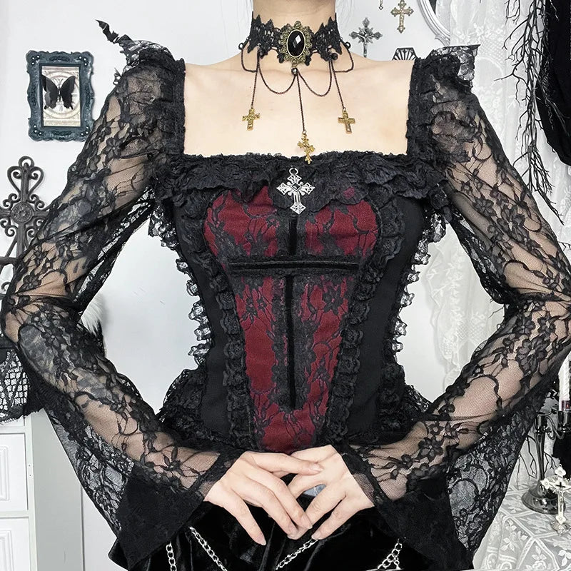 Gothic Cross Patchwork Lace Sleeves Romantic Goth Top