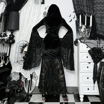 Gothic Romantic Goth Flocking Lace Batwing Sleeve Hooded Long Dress