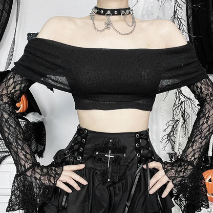 Gothic Alt Goth Off Shoulder Lace Sleeves Crop Top