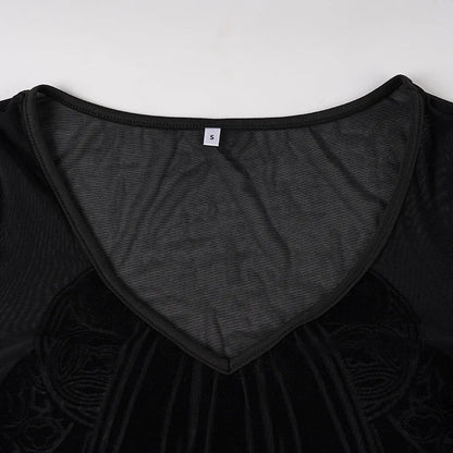 Gothic Y2K Alt Goth Cathedral Print See Through Mesh Flare Cuffs Bodysuit Top