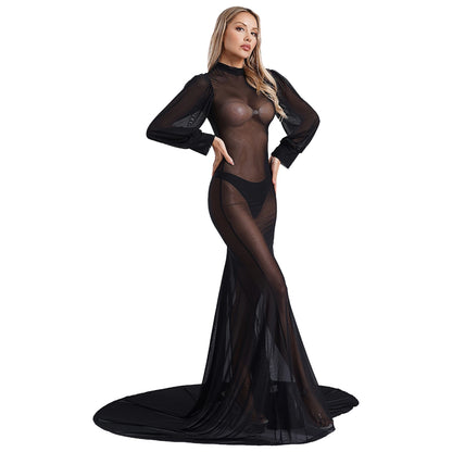 Gothic Romantic Vampire Goth Lantern Sleeve Mesh See Through Court Train Long Dress
