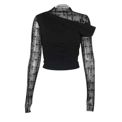 Gothic Alt Goth Y2K Cross Mesh Patchwork Shirt Top