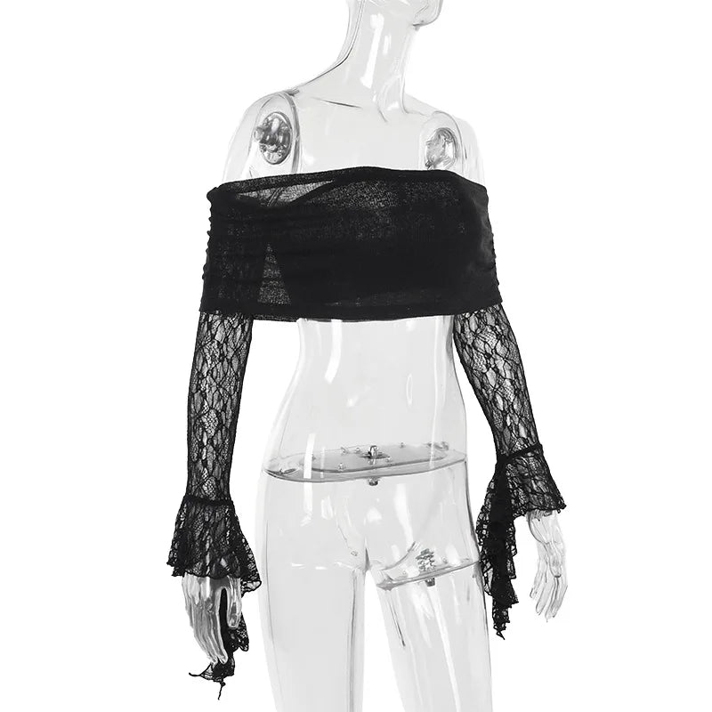 Gothic Alt Goth Off Shoulder Lace Sleeves Crop Top