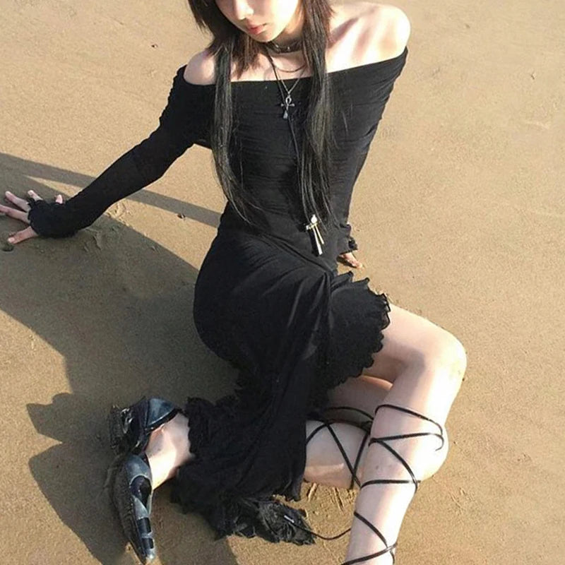 Gothic Romantic Goth Off Shoulder Ruffle Slit Long Sleeve Bodycon Long Dress