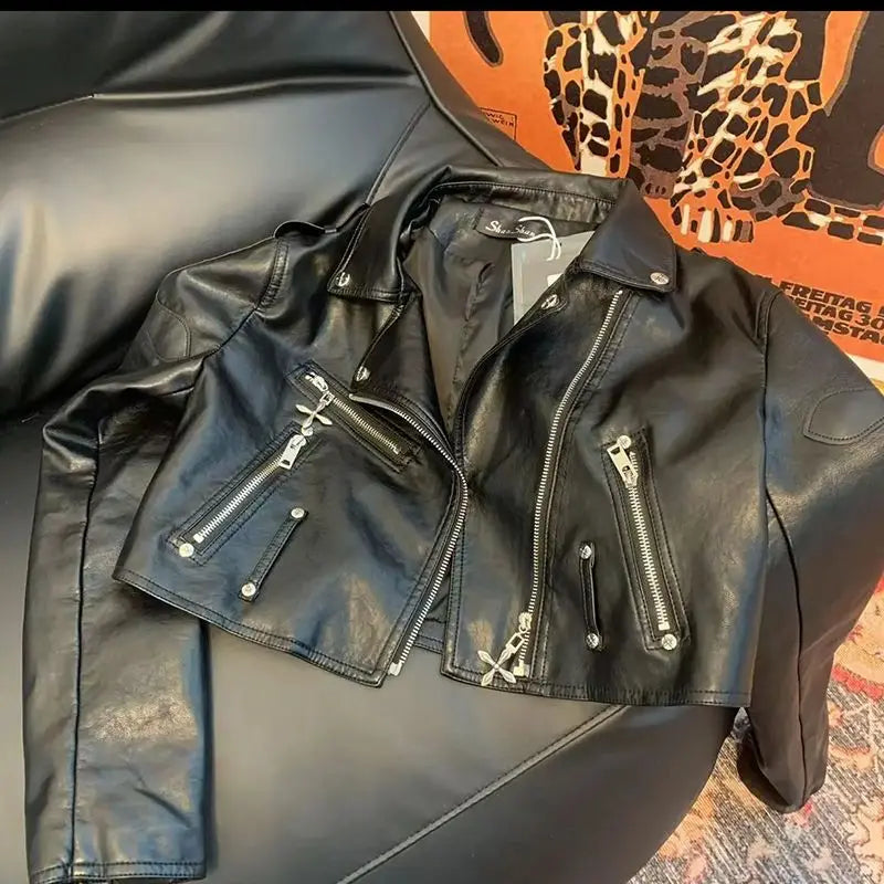 Goth Rock Cross Zipper Motorcycle Faux Leather Jacket