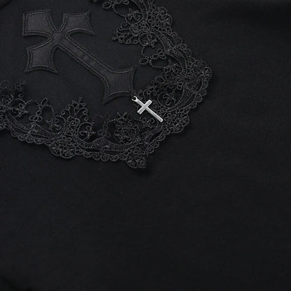 Gothic Alt Goth Vintage Cross Lace Patchwork Long Sleeve Top