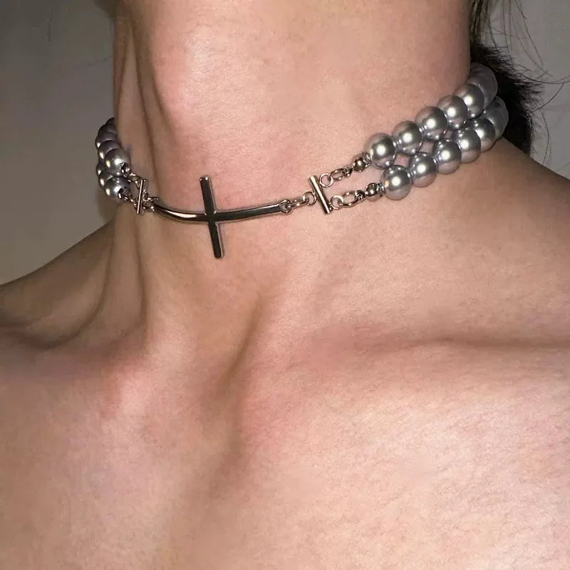 Gothic Y2K Pearl Cross Charm Choker Necklace
