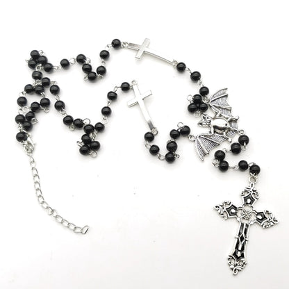 Gothic Bat Cross Rosary Necklace