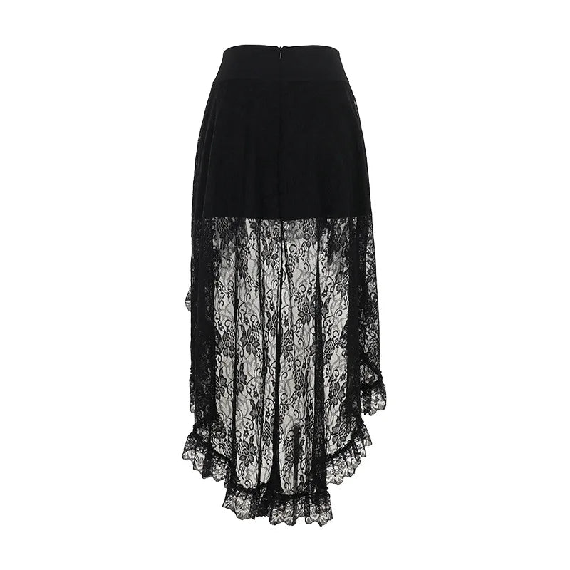 Alt Gothic Victorian Romantic Lace Mesh Irregular Hem Buckle Skirt