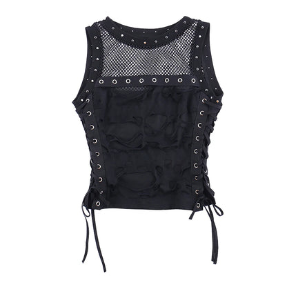 Gothic Y2K Distressed Fishnet Grommet Sleeveless Top