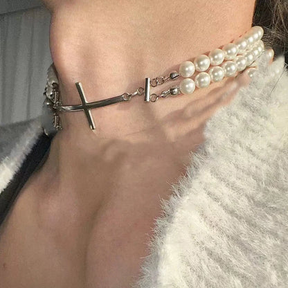 Gothic Y2K Pearl Cross Charm Choker Necklace