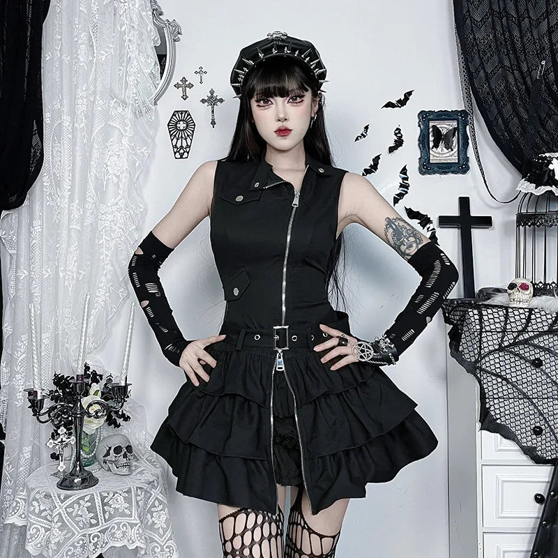 Gothic Alt Dark Goth Punk Zippered High Collar Mini Dress – ROCK 'N DOLL Gothic Alt Dark Goth Punk Zippered High Collar Mini Dress – ROCK 'N DOLL