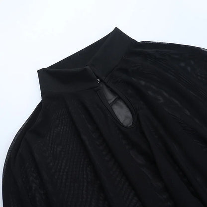 Gothic Alt Goth Black Spaghetti Strap Bodysuit Top + Sheer Cape Set