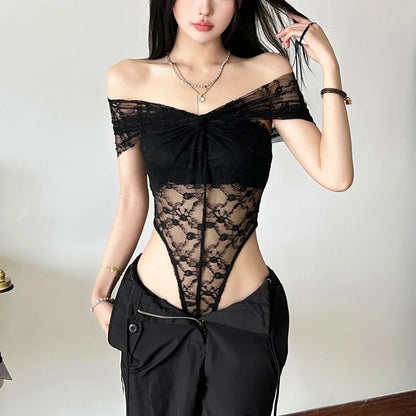 Gothic Alt Goth Off Shoulder Lace Mesh Bodysuit Top