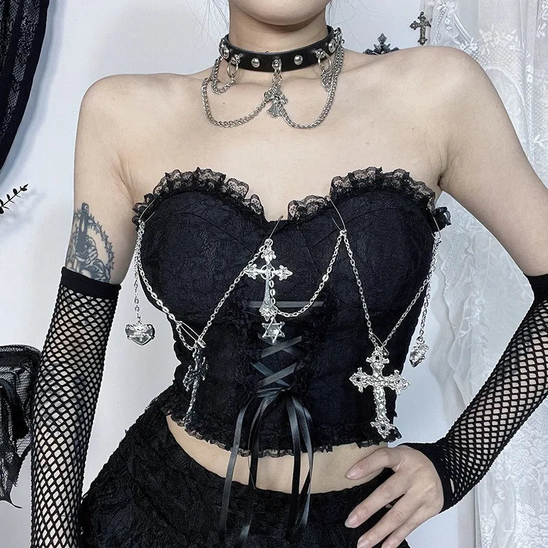 Gothic Cross Chain Lace Corset Style Top