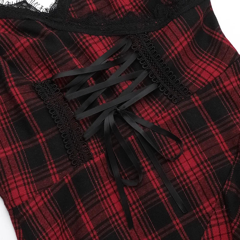 Gothic 90s Goth Red Plaid Lace Patchwork Irregular Hem Dress