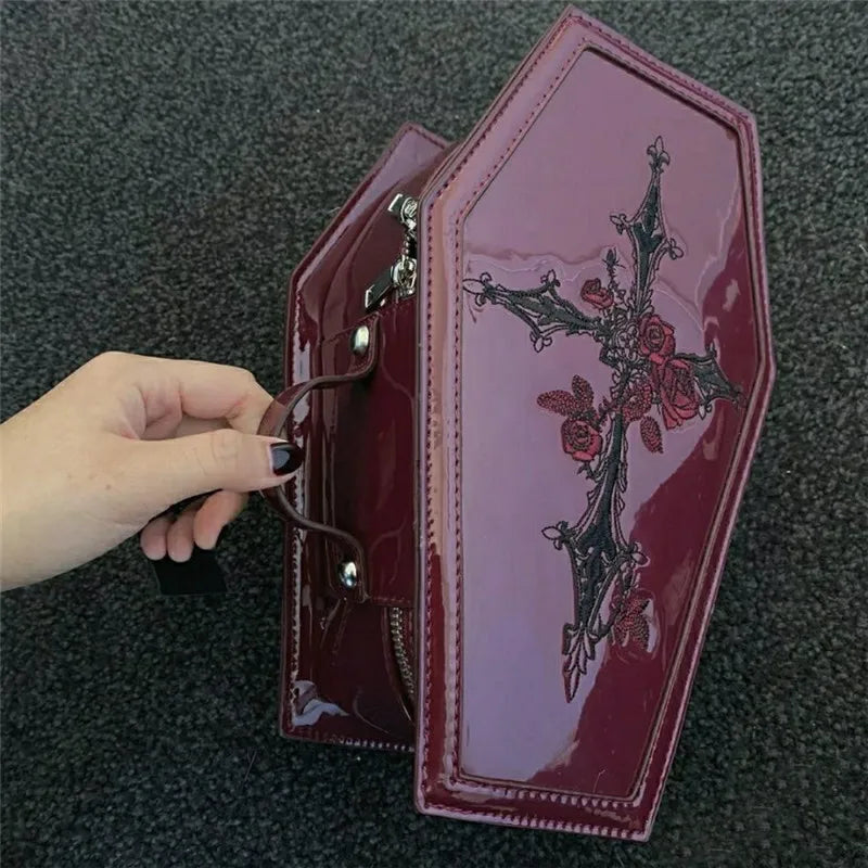 Alt Gothic Cross Rose Embroidery Red Coffin Shaped Handbag Purse