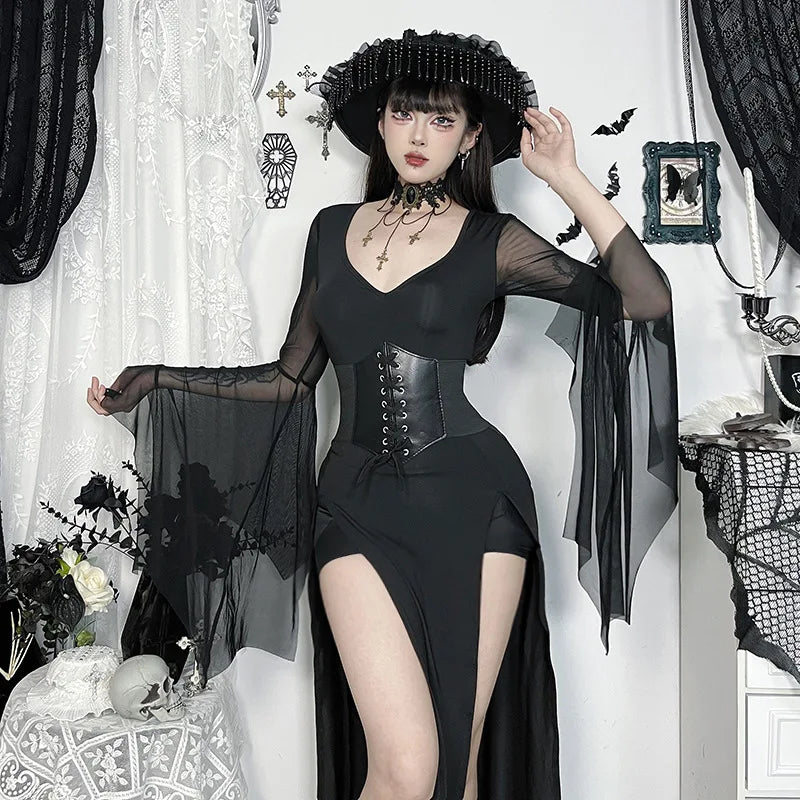 Gothic Dark Romantic Goth Sheer Flare Sleeves High Slit Wide Belt Long Dress