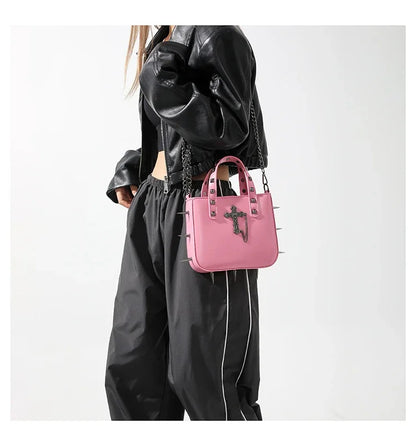 Gothic Alt Goth Cross Skull Spikes Chain Strap Crossbody Bag (available in 3 colors)