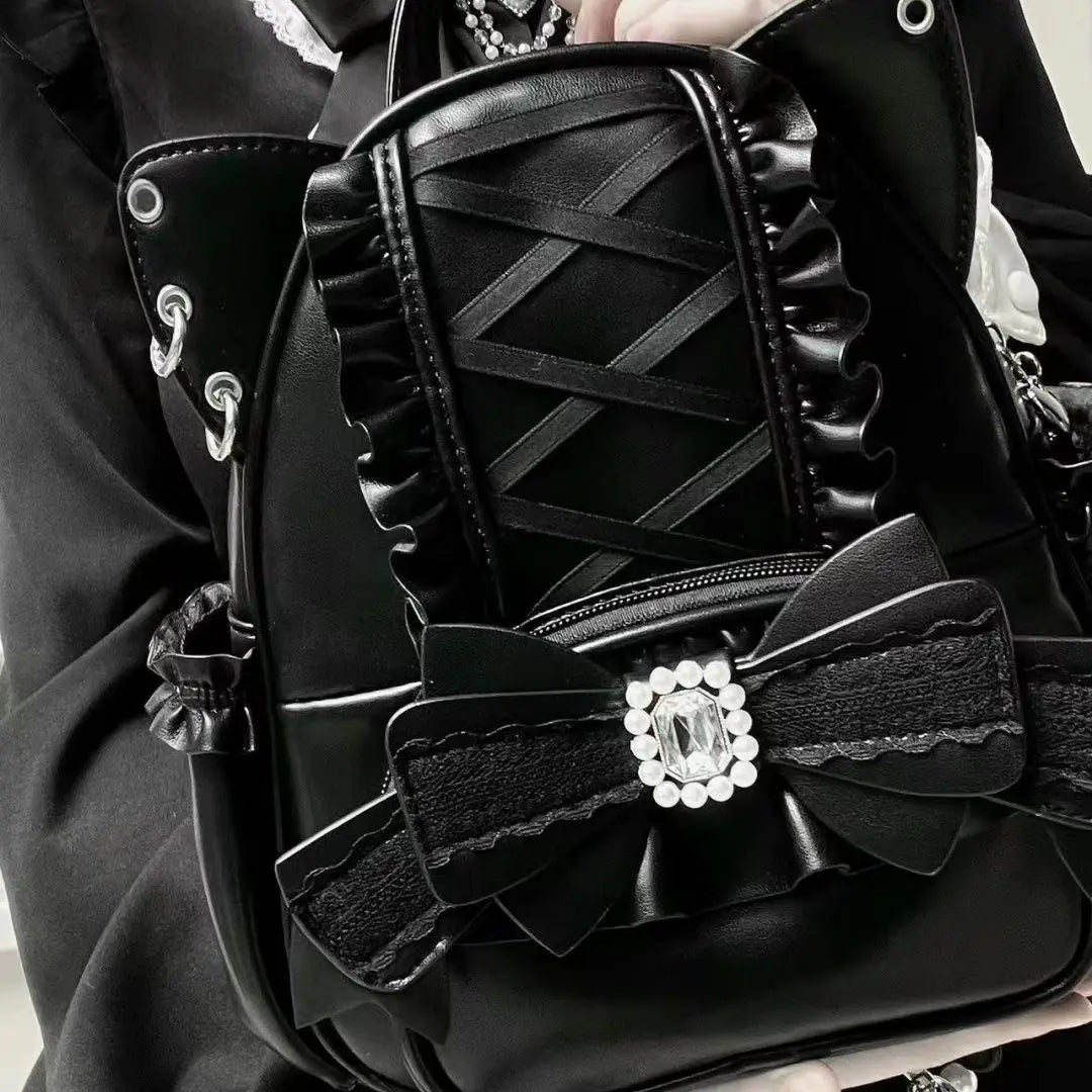 Gothic Y2K Harajuku Lolita Lace Bow Cat Ear PU Leather Backpack Bag (available in 3 colors)