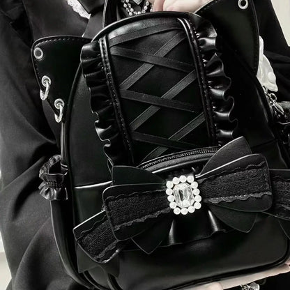 Gothic Y2K Harajuku Lolita Lace Bow Cat Ear PU Leather Backpack Bag (available in 3 colors)
