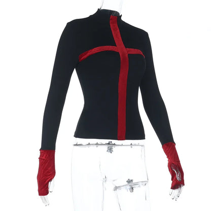 Gothic Y2K Alt Goth Cross Red Patchwork Long Sleeve Top
