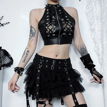 Alt Gothic Lace Up Zip Up Crop Tank Top Vest