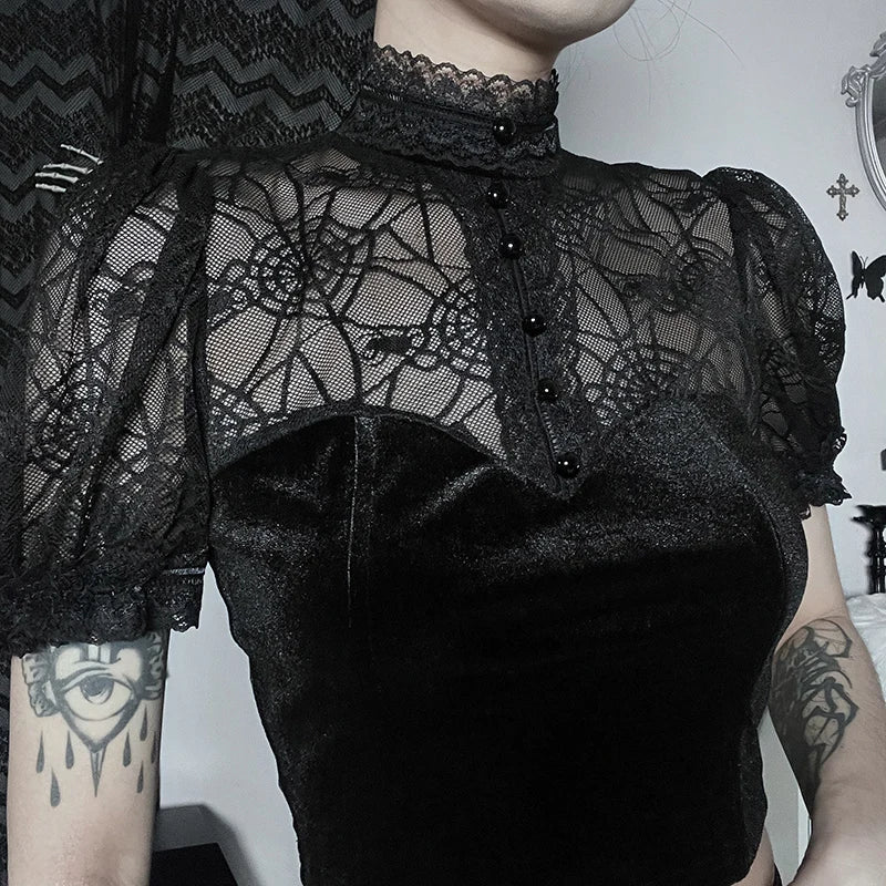 Gothic Spider Web Sheer Puff Sleeves Lace Top