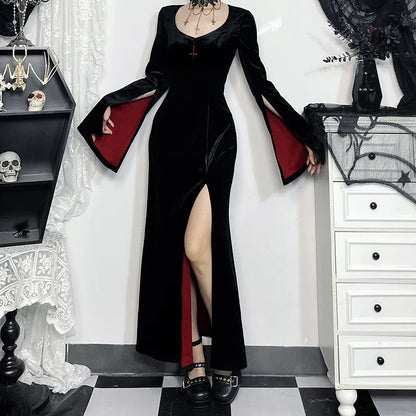 Gothic Alt Vampire Goth Open Bell Sleeves High Slit Long Dress