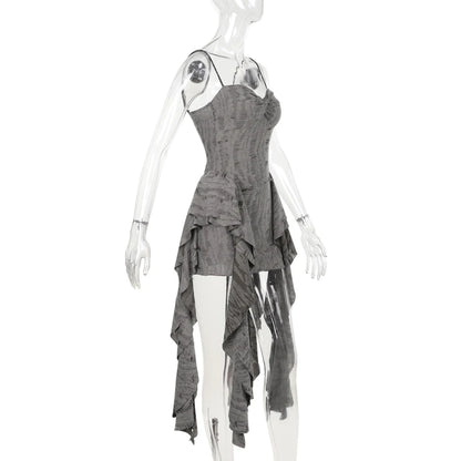 Gothic Y2K Gray Distressed Irregular Hem Patchwork Mini Dress