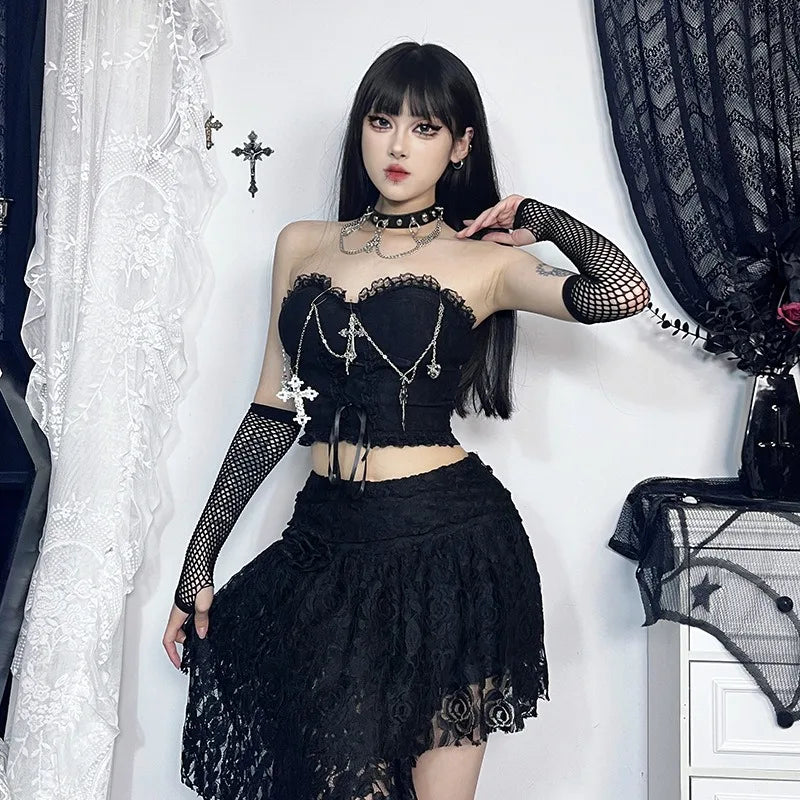 Gothic Cross Chain Lace Corset Style Top