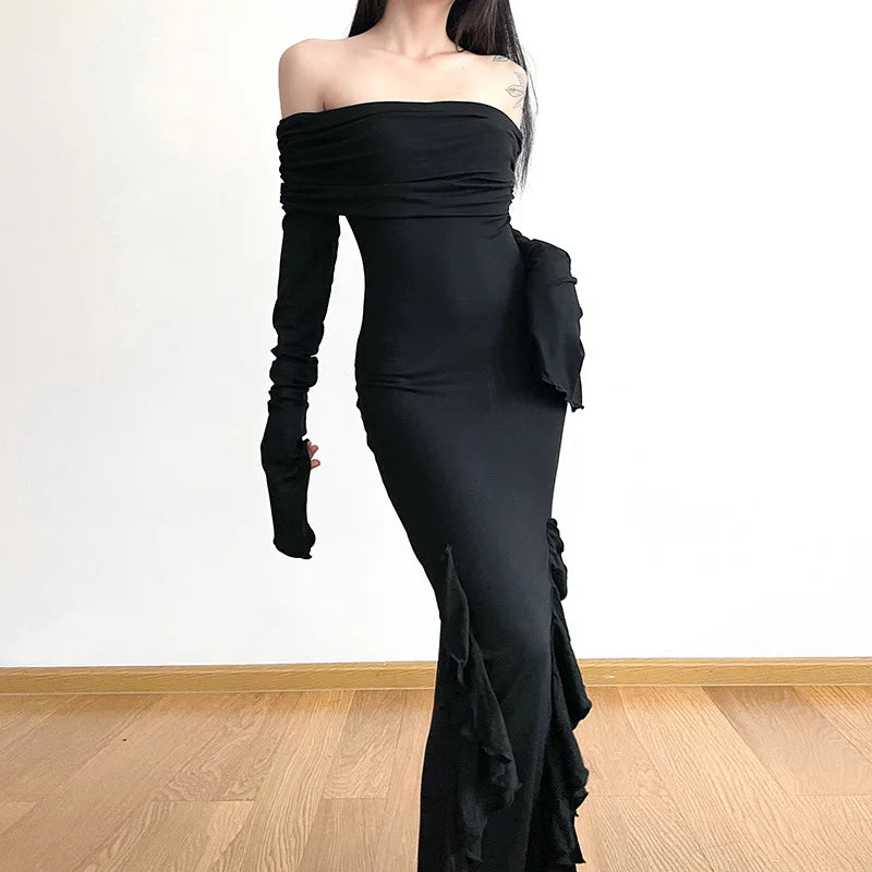 Gothic Romantic Goth Off Shoulder Ruffle Slit Long Sleeve Bodycon Long Dress