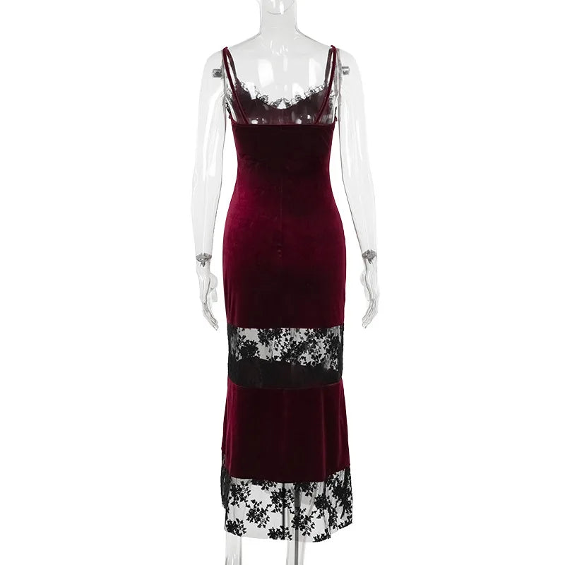 Gothic Red Burgundy Velvet Lace Spaghetti Strap Bodycon Alt Goth Long Dress