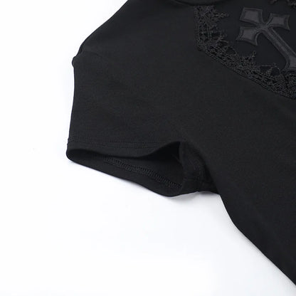 Gothic Alt Goth Vintage Cross Lace Patchwork Short Sleeve Top